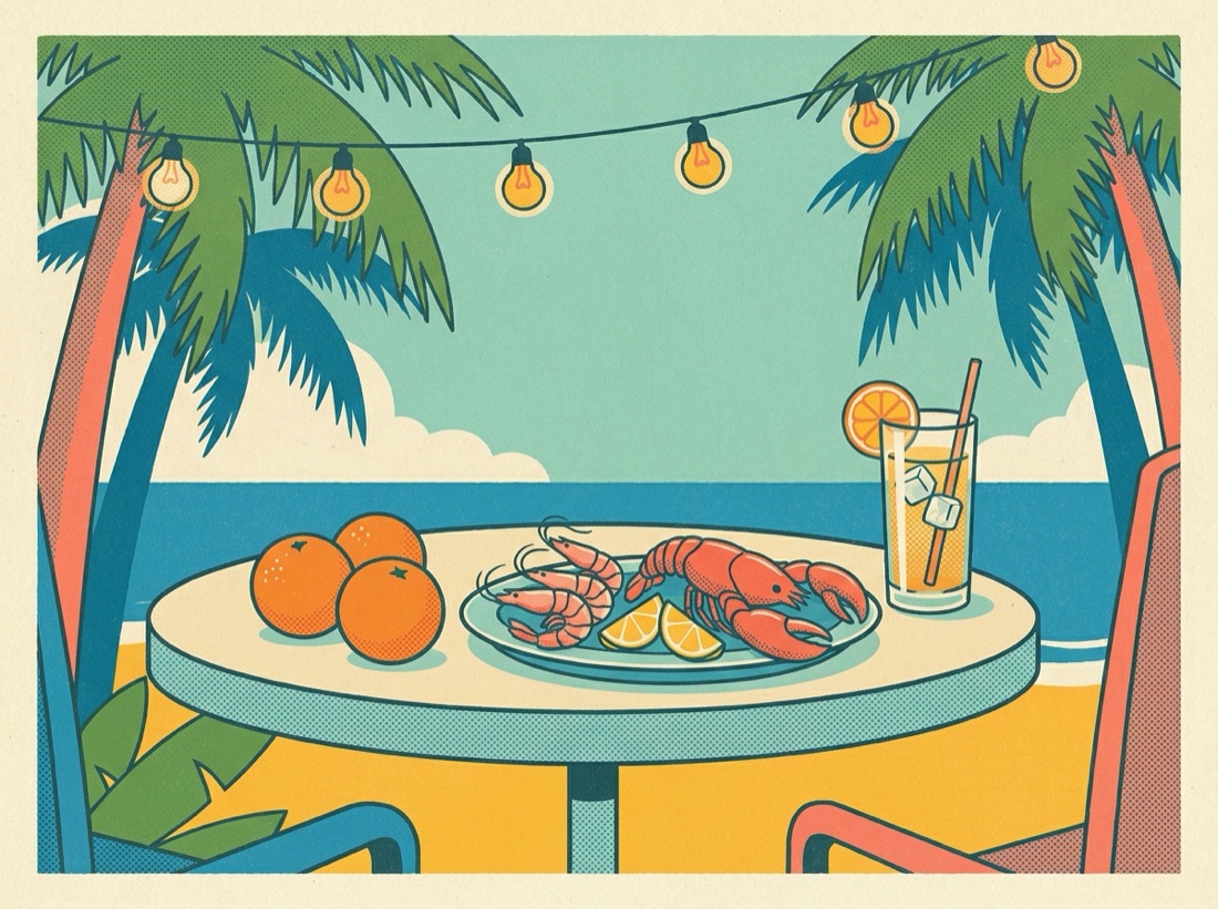 Retro postcard of an Orlando food hall and patio dining at golden hour