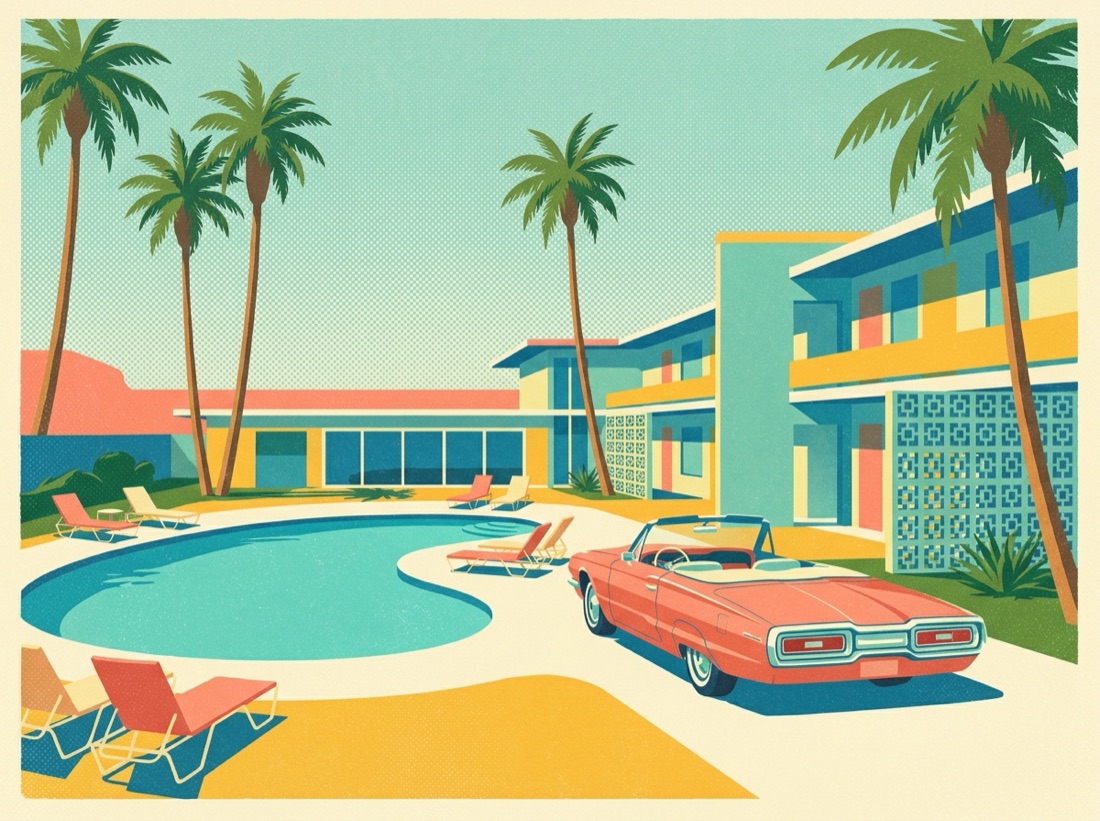 Retro postcard of an Orlando resort hotel with a pool and palms under a sunny sky
