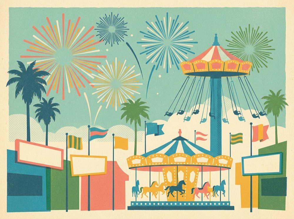 Retro postcard of a colorful theme park with fireworks and a carousel