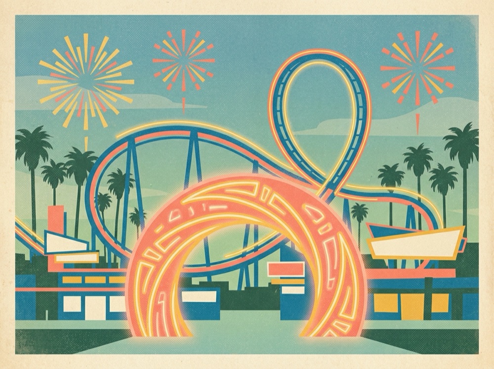Retro postcard of a futuristic theme-park portal and roller coaster at dusk