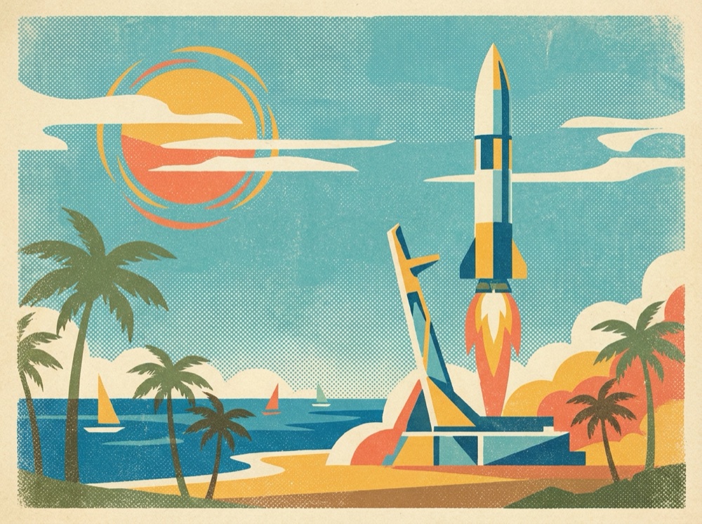 Retro postcard of a rocket lifting off from a coastal launch pad