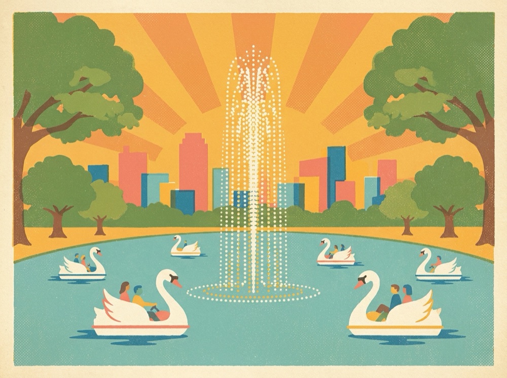 Retro postcard of a downtown lake park with a fountain and swan boats