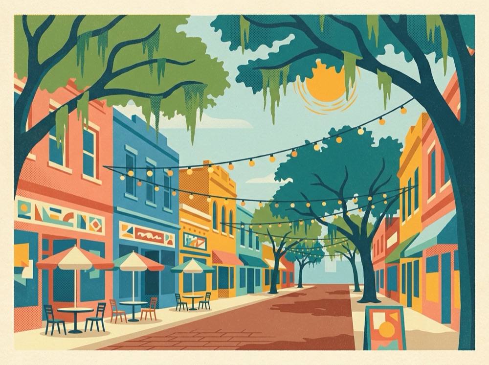 Retro postcard of a charming brick main street under live oak trees